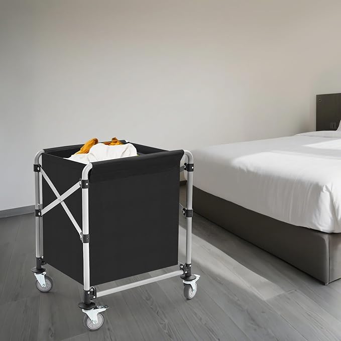 Commercial Laundry Cart with Wheels,Folding Laundry Hamper Cart,Heavy Duty Rolling Laundry Basket with Large Capacity,Laundry Sorter Trolley for Home Hotel Apartment (Black, 23.62 * 19.69 * 23.62in)