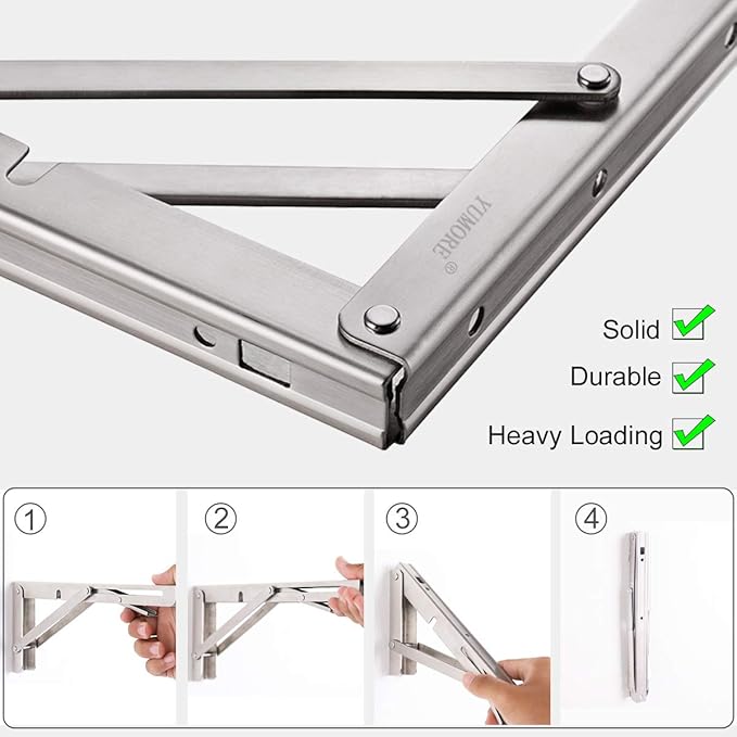 YUMORE Folding Shelf Brackets 16 Inch, Max Load: 330lb Heavy Duty Stainless Steel Collapsible Shelf Bracket for Table Work Bench, Space Saving DIY Bracket, Pack of 2