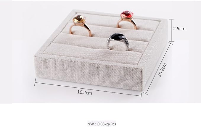 Oirlv linen 3 Slots Ring Earrings Display Trays Showcase Jewelry Organizer (creamy-white,square)