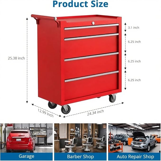 IDEALHOUSE Rolling Tool Chest, 4 Drawers Tool Storage Cabinet, Toolbox with Wheels, Portable Tool Cabinet Organizer with Locking System & Drawer Liners, Tool Storage Cart for Garage, Workshop, Red