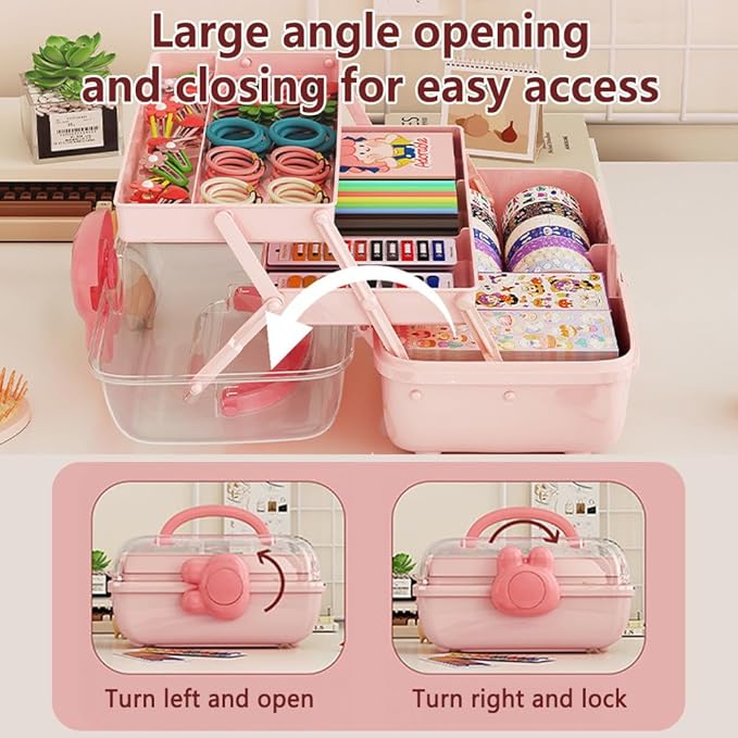 Cute Hair Accessories Organizer 3-Layers Kids Jewelry Storage Box Plastic Hair Accessories holder for Girls (Pink-Rabbit)