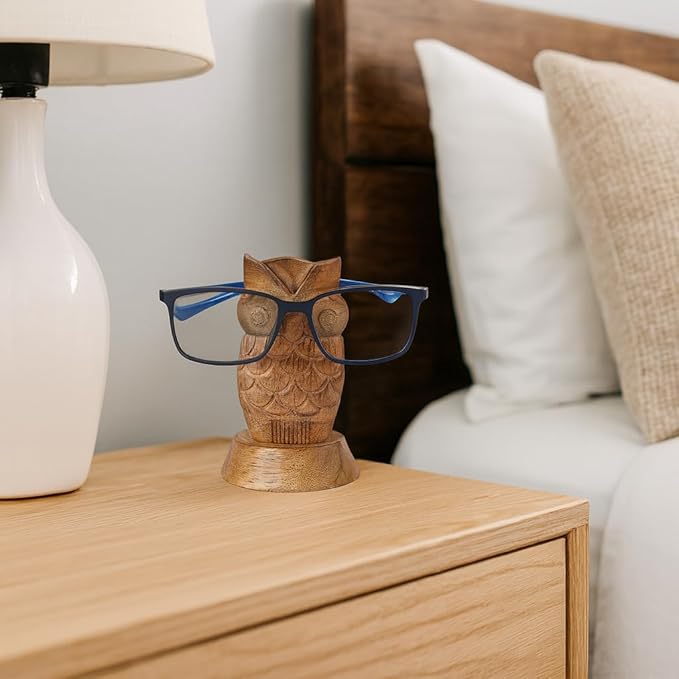 Stocking Stuffers Wooden Owl Glasses Holder Night Stand Reading Eyeglass Retainer White Elephant Gifts for Adults Women Men Him Her Mom Dad Car Christmas Gifts