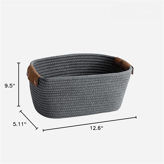 Medium Cotton Woven Basket with PU Leather Handle, Baby Kids Clothes Toys Candy Gifts Cotton Rope Organizer, Living Room Basket Bathroom Shower Storage Laundry Basket, Dog Cat Bed, Cute Decor, Black