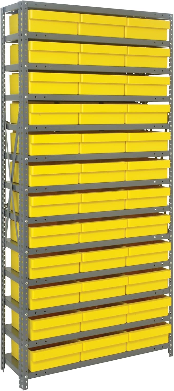 Quantum Storage Systems 1275-801YL Solid Heavy Duty 13 Shelves 36 Super Tuff Euro Yellow Bins 75" H x 36" W x 12" D