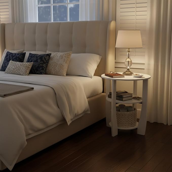 White Round Side Table, 3-Tier End Table with Storage Shelves, Modern Farmhouse Nightstand for Bedroom, Living Room, Nursery & Small Spaces,19.7" D x 21.7" H