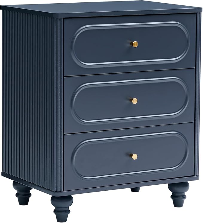 3 Drawer Fluted Dresser for Bedroom, Mid Century Modern Chest of Drawers, Wood Storage Small Dresser Organizer for Bedroom Living Room Hallway Closet, Blue