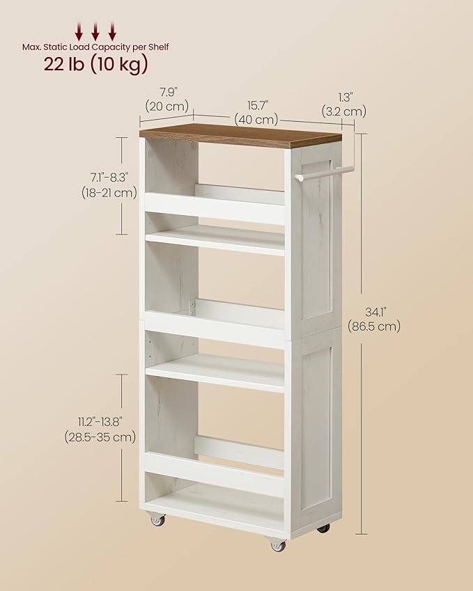 VASAGLE 4-Tier Slide-Out Storage Cart, Slim Kitchen Cart for Small Spaces, with Wheels, Handle, Bathroom, Laundry Room, 7.9 x 17 x 34.1 Inches, Rustic White and Honey Brown ULRC051K01
