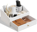 Office Desk Accessories,Beige White Vegan Leather Office Organizer with 1 Drawer & Tray,Pen Holder with Gold-Tone Metal Accents Knob for End Tables,Bedside Table,Bedroom.