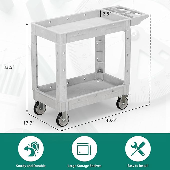 Heavy Duty Utility Rolling Tool Cart, 550 lbs Capacity Plastic Rolling Carts with 360°Swivel Wheels, 40 x 17 Inch Service Cart, 2 Shelf Work Cart for Warehouse,Garage, Cleaning, Grey