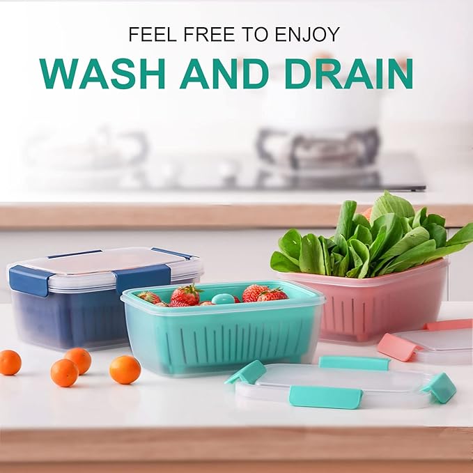 68oz Berry Keeper Fruit Storage Container for Fridge, Fresh Food Produce Saver Containers with Removable Drain Colander, Vegetable Lettuce Keeper Bowl, Refrigerator Organizer, PRESS TO OPEN CLOSE LID