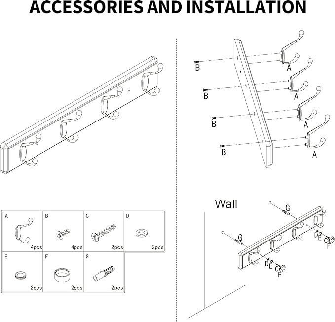 Wooden Coat Rack, Wall-Mounted Organizer for Closet, Entryway, Hallway, Foyer, Bedroom, Heavy Duty Double Hooks for Hanging Towels, Bags, Hats, Jackets, Key (White, 4 Hooks)