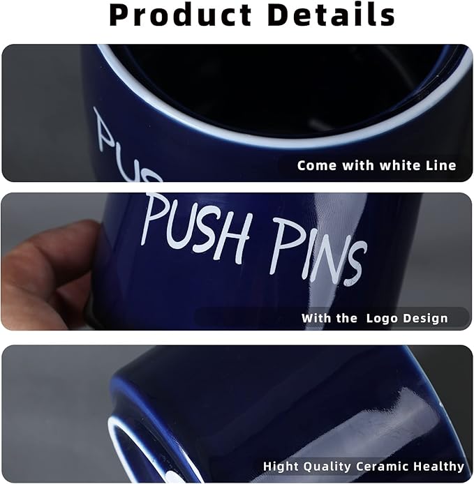 Ceramic Push Pins Holder, Paper Clips Dispenser Organizer for Desk and Binder Clips Holders Container for Office School Home Supplies 3.4Inch, Navy