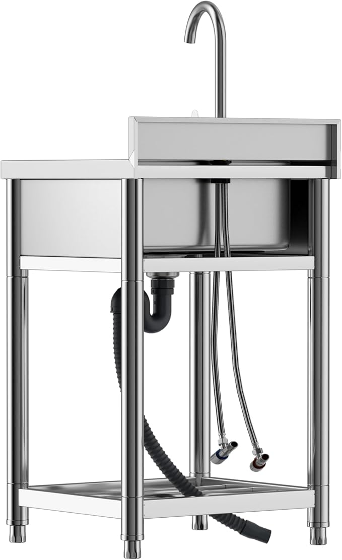 Stainless Steel Commercial Kitchen Sink, Free Standing, Single Bowl Sink Basin with Cold & Hot Water Faucet, Indoor and Outdoor Sink, 21.7 in