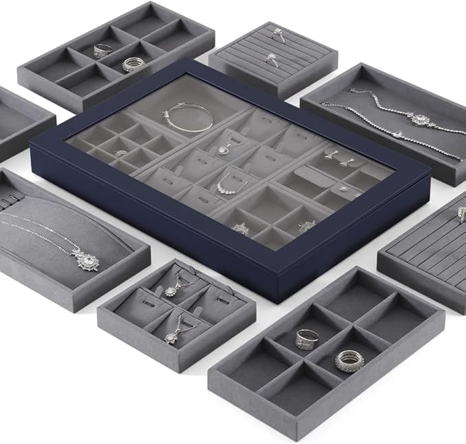 Dark Blue Jewelry Display Tray Ring Necklace Earring Bangle Organizer Multifunctional Storage Case for Jewelry Showcase (Small 4 Grids Pendant Tray)