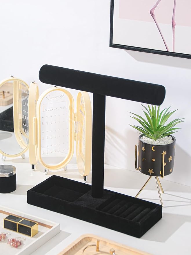 Multi-Use Jewelry Holder Stand, Necklace Bracelet Ring Organizer Stand, Scrunchie Watches Velvet Jewelry Holder Stand With Tray for Women Home Use(Black Color)