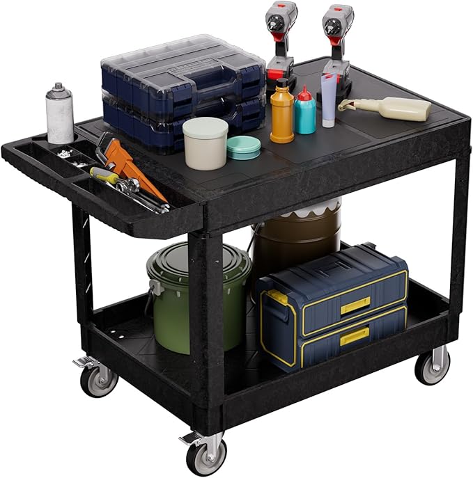 2 Tier Plastic Rolling Utility Cart on Wheels, Heavy Duty Tool Cart with Deep Shelves and 360° Swivel Wheels Holds up to 550 lbs, Service Cart for Garage, Warehouse, Cleaning (Black-L-Flat Top)