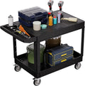 2 Tier Plastic Rolling Utility Cart on Wheels, Heavy Duty Tool Cart with Deep Shelves and 360° Swivel Wheels Holds up to 550 lbs, Service Cart for Garage, Warehouse, Cleaning (Black-L-Flat Top)