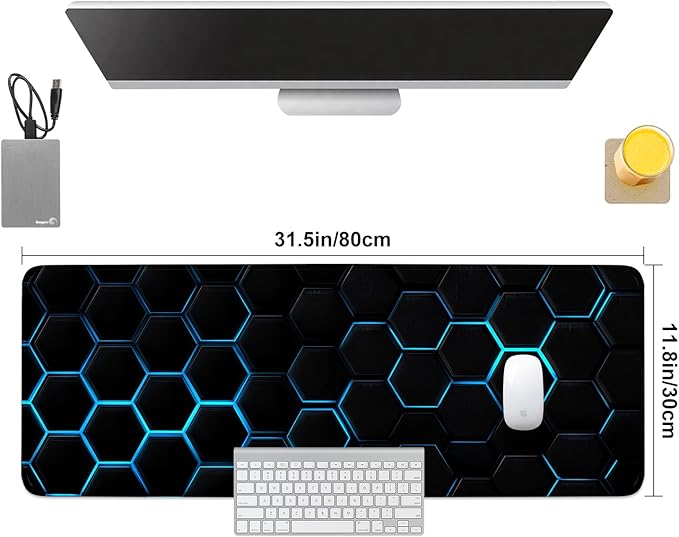 Gaming Mouse Pad – Large Extended Desk Mat 31.5 x 11.8 in– Futuristic Black Honeycomb Design with Blue Glow, Non-Slip Base, Waterproof Surface, Keyboard & Mouse Pad for Gaming or Office