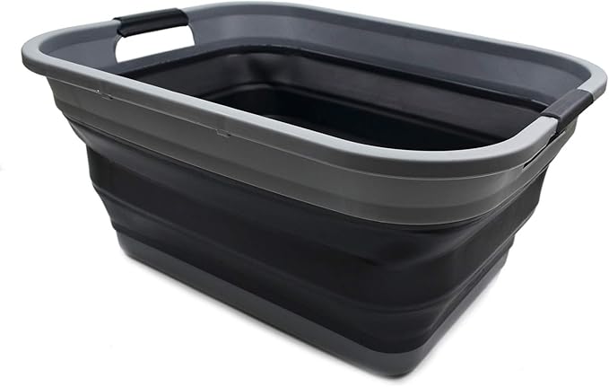SAMMART 41L (10.8 gallon) Collapsible Plastic Laundry Basket - Foldable Pop Up Storage Container/Organizer - Portable Washing Tub - Space Saving Hamper/Basket, (Rectangular, Grey/Black)