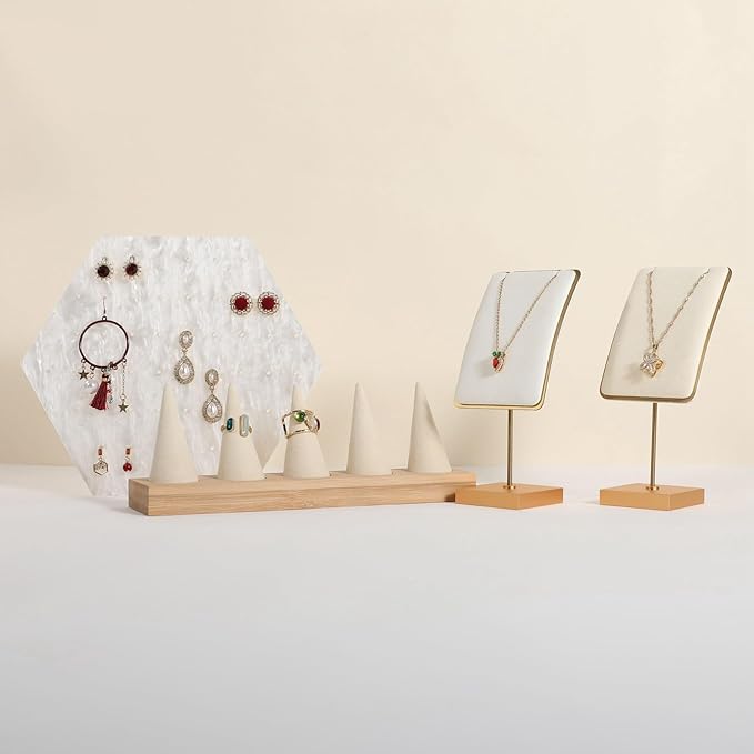 GemeShou White jewelry necklace display for sale, gold necklace and earring holder, velvet jewelry organizer necklace hanger【White】