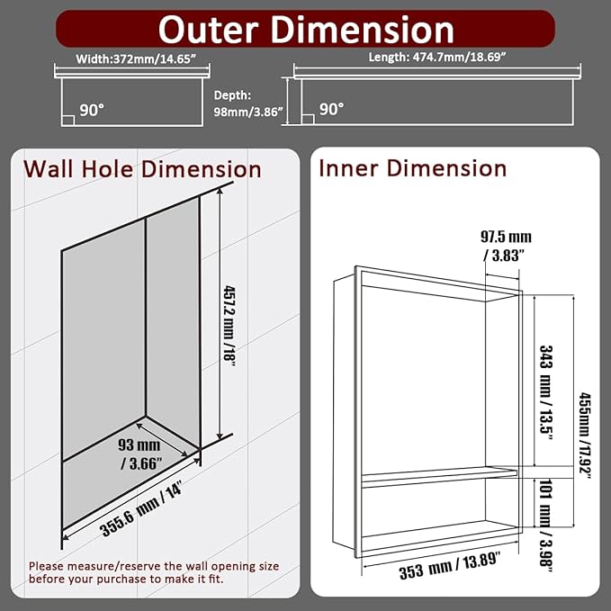JQK Shower Niche No Tile Need, 18"×14" Matte Black Bathroom Insert Shelf 2 Layer, 304 Stainless Steel Recessed Shower Caddy Organizer Storage, SNL1814D-PB