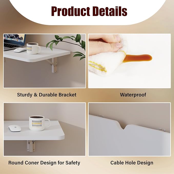 Pmnianhua Wall Mounted Folding Table, 31'' Floating Laptop Desk with Shelves, Foldable Drop Leaf Table, Wall Mount Fold Down Table for Laundry Room Kitchen Bar Home Office Small Space(White)