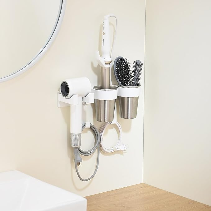 Hot Tools Organizer, Hair Tool Organizer Wall Mount Aluminum Alloy, Space-Saving Curling Iron Holder for Vanity & Bathroom with Stainless Steel Cups White