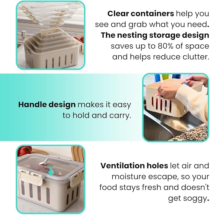 5-Pack Fruit Containers for Fridge Keep Fresh – Airtight Food Containers with Lids, Produce Saver with Removable Colander, Fridge Organizers, Microwave & Dishwasher Safe (Cream)