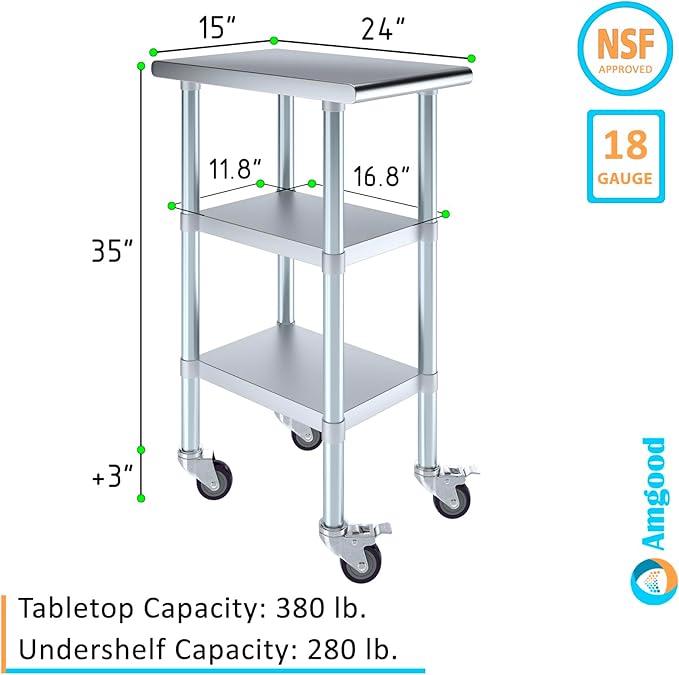 AmGood Stainless Steel Work Table with 2 Shelves and Casters | Metal Utility Table On Wheels (Stainless Steel Work Table with 2 Shelves + Casters, 15" Long x 24" Deep)
