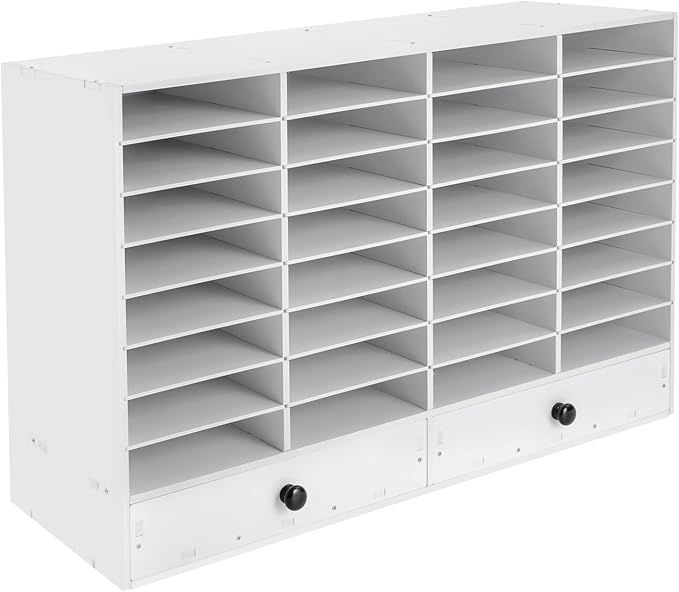 Literature Organizer 32 Slots Office Mailbox Cubbies PVC Desk Mail Sorter Organizer with Adjustable Panels & 2 Drawers for Office, Home, Classroom, Mailrooms, Bearing 110lbs (White)
