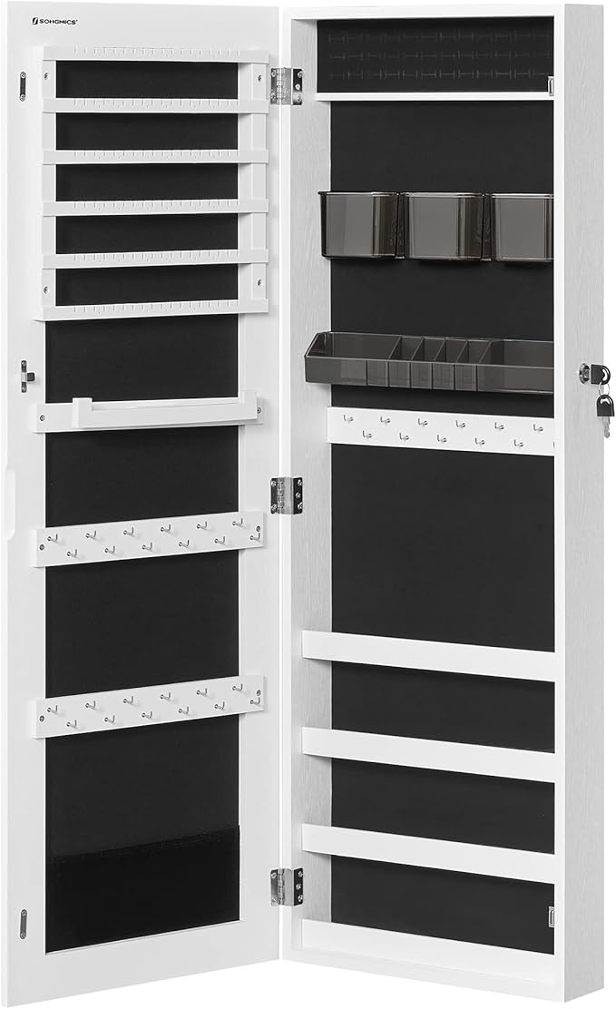 SONGMICS Jewelry Cabinet Armoire, Lockable Wall-Mounted Organizer Unit with 2 Plastic Cosmetic Storage Trays, Full-Length Frameless Mirror, Christmas Gift, White UJJC001W01
