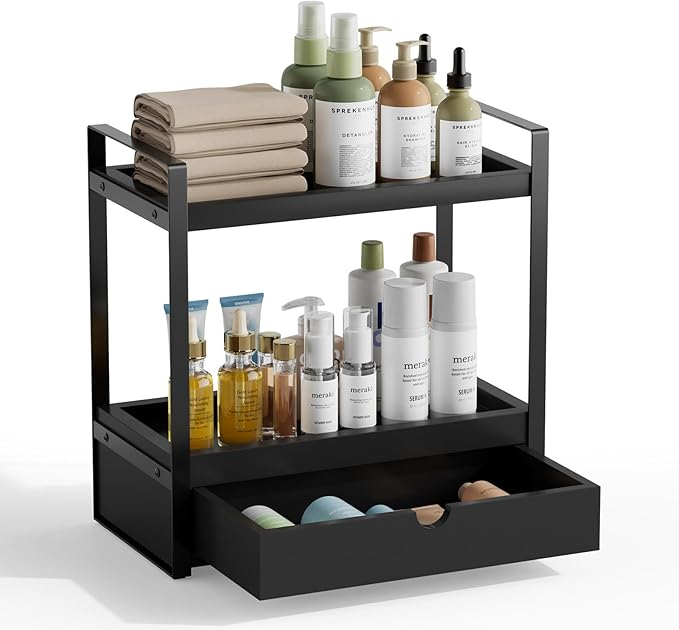 2-Tier Bathroom Organizer Countertop with Drawer, Wood Bathroom Counter Shelf for Storage, Vanity Organizer Countertop for Kitchen, Office