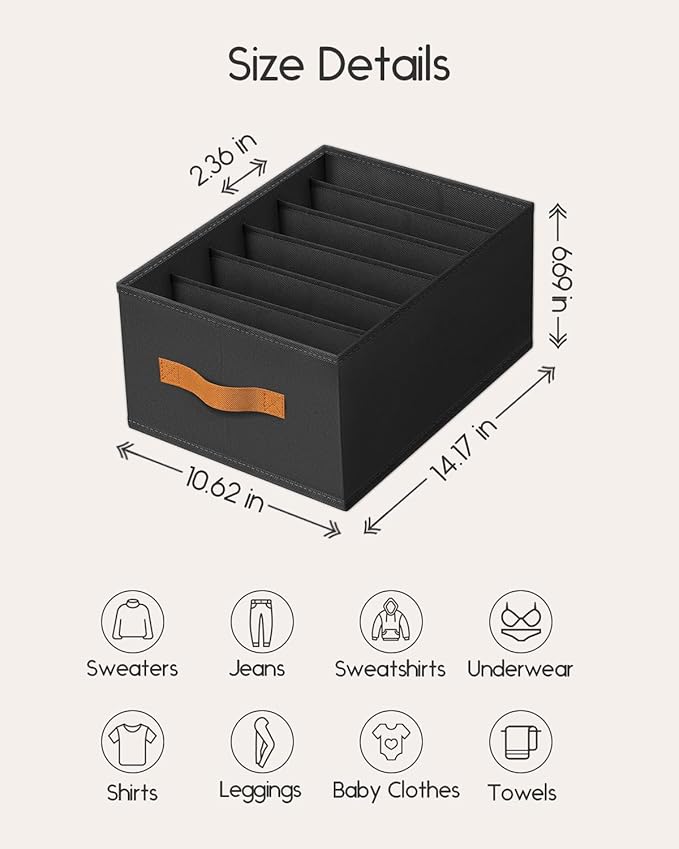 Closet Organizers and Storage - Fabric Clothes Organizer with Handles, Foldable Jeans Organizer for Clothes, Drawer Organizer for Shirts, Bra, Sweater, Scarf, 8 Pack, Black