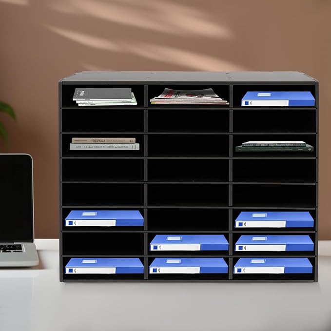 24 Compartments Literature Organizer, Desktop File Sorter Mail Center Paper Storage Cabinet Classroom Mailbox for Files Documents Papers Magazines (Black 24Slots)