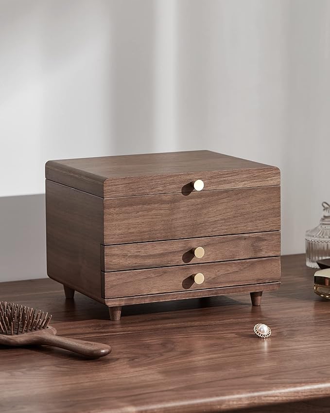 Wooden Jewelry Box, 3 Layer Large Jewelry Organizer for Women, Jewelry Storage, for Necklaces Rings Earring Watches Bracelets, Black Walnut Wood, Christmas Gifts