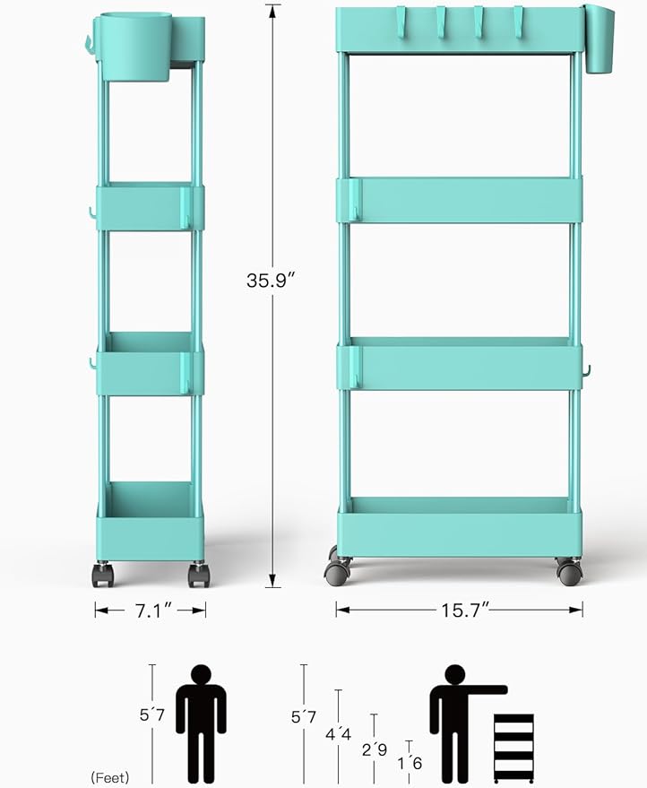 Pipishell Slim Storage Cart with Wheels, Bathroom Cart Organizer Bathroom Storage Small, Rolling Cart for Bathroom, Laundry Room, Kitchen, Narrow Space, Black PIUC04