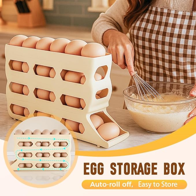 4-Tier Refrigerator Egg Holder, Automatic Gravity-Fed Rolling Egg Dispenser with Easy-Load Design, Space-Saving Fridge Organizer for Up to 30 Eggs, Kitchen & Pantry Storage Container (White) (beige)
