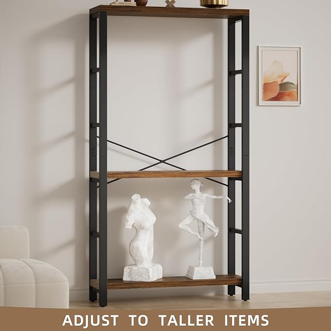 6-Tier Adjustable Heavy Duty Bookshelf, Industrial Wood and Metal Bookshelf, Vintage Bookcase with Lock Wall Design, Shelves for Room Wall Standing, Rustic Brown