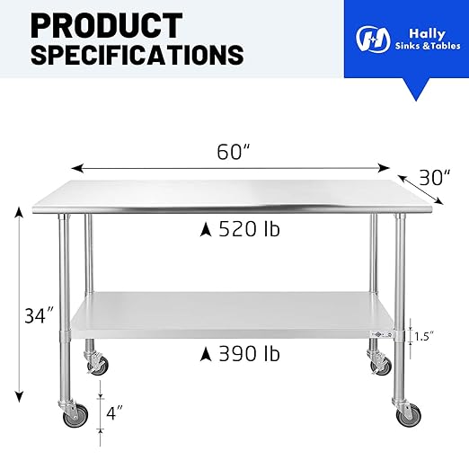 Hally Stainless Steel Table for Prep & Work 30 x 60 Inches with Caster Wheels, NSF Commercial Heavy Duty Table with Undershelf and Galvanized Legs for Restaurant, Home and Hotel