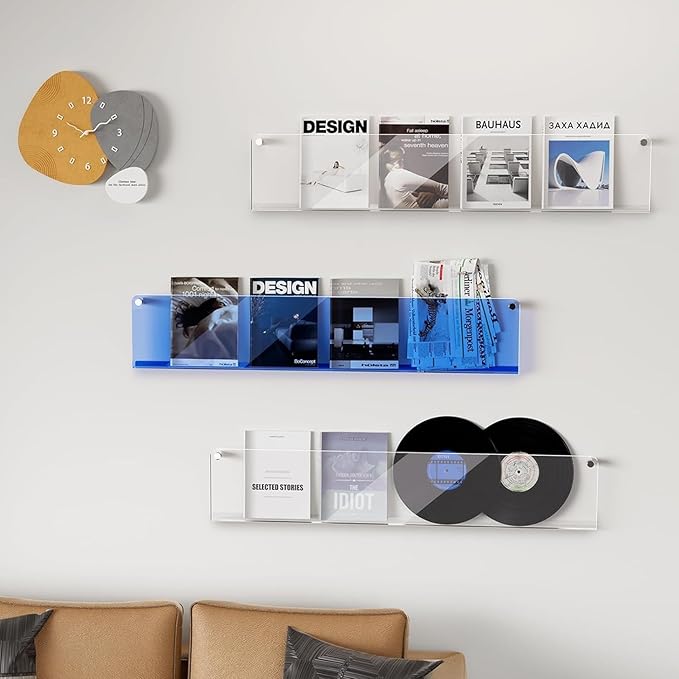 ROYALITA 2-Pack Acrylic Magazine Holder Brochure Holder, 17" Record Holder Magazine Rack, Fashion Hanging Bookshelf Literature Storage Rack for Waiting Room, Living Room, Office, Blue, 17 Inch