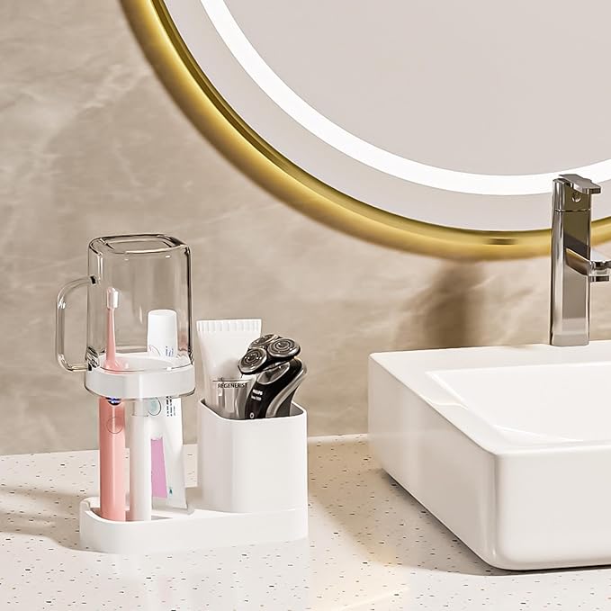 Toothbrush Holder with Cup/Cover Contains 2 Slots, Bathroom Counter Organizer for Electric Toothbrush, Toothpaste, Razors & Small Comb, Tooth Paste Holder for Home Hotel Countertop, White