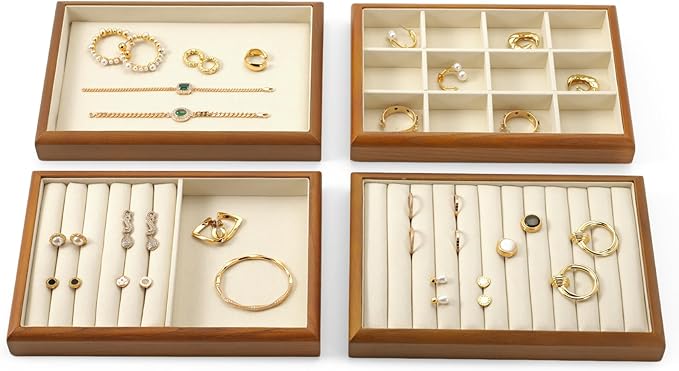 Oirlv Solid Wood Stackable Jewelry Organizer Tray Jewelry Drawer Organizer(Creamy-white)