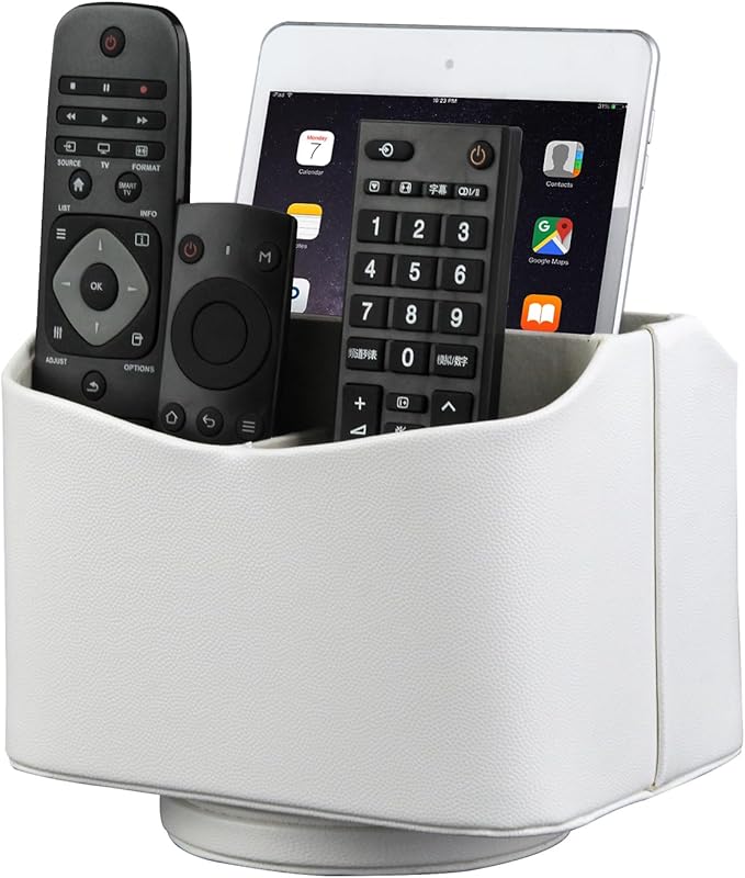 HofferRuffer Spinning Remote Control Holder, Remote Caddy, 360 Degrees Rotatable Remote Control Organizer, Desktop Organizer Caddy Holder, PU Faux Leather (White)