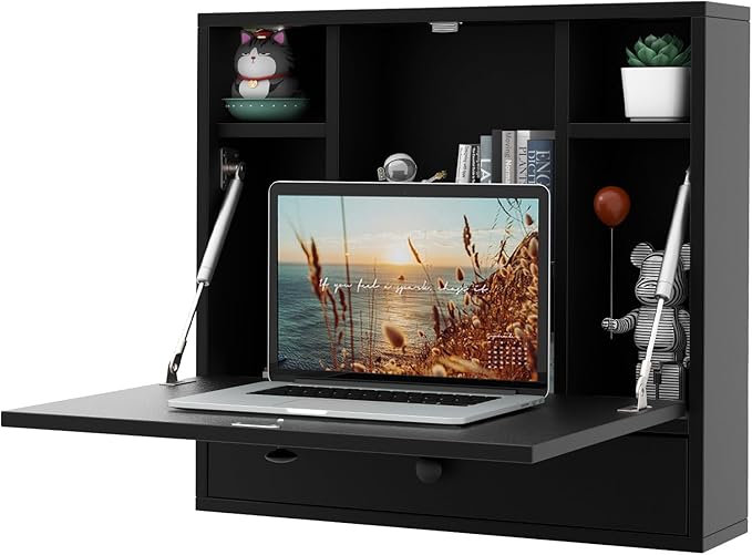 Tangkula Wall Mounted Desk, Folding Floating Wall Mount Laptop Desk, Space Saving Wall Mounted Table with Storage Drawer & Shelves (Black)