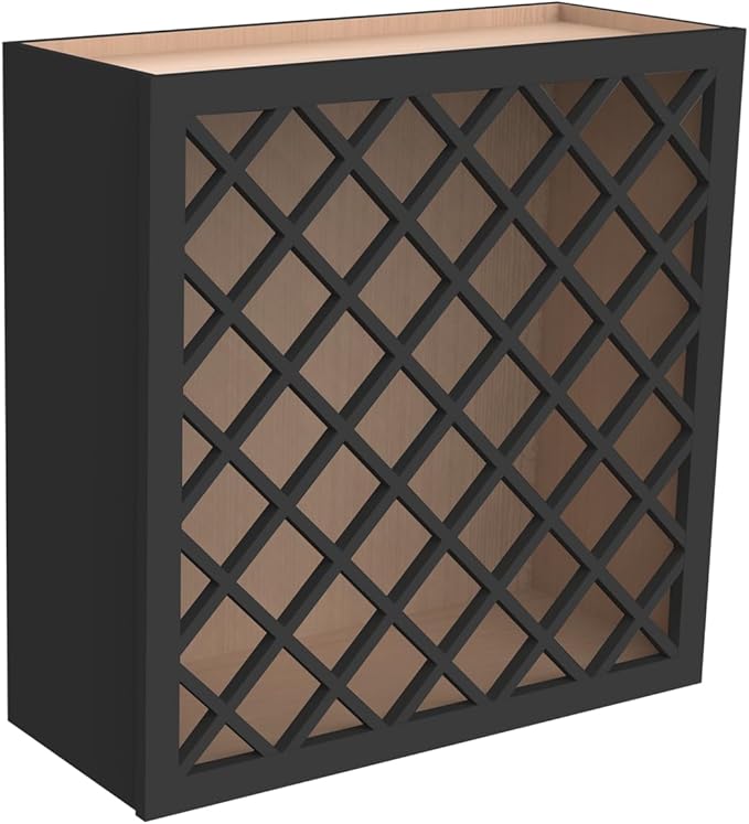 Solid Wood RTA Wine Bottle Rack Wall Cabinet with Lattice Panels - Bottle Holder Storage for Bar, Pantry, or Wine Cellar - Mocha finish Countertop Solution (Charcoal Black, 24'W 12'D 30'H)