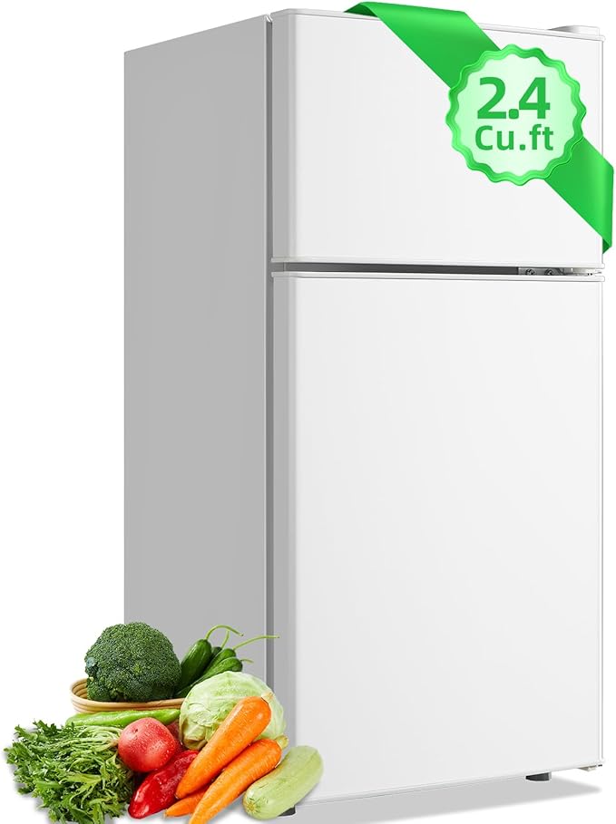 2.4 Cu.ft Mini Fridge with Top Freezer Apartment Size Dual Door Compact Refrigerator for Personal Use Small Fridge with Egg tray, 7 Temperature Control For Dorm, White