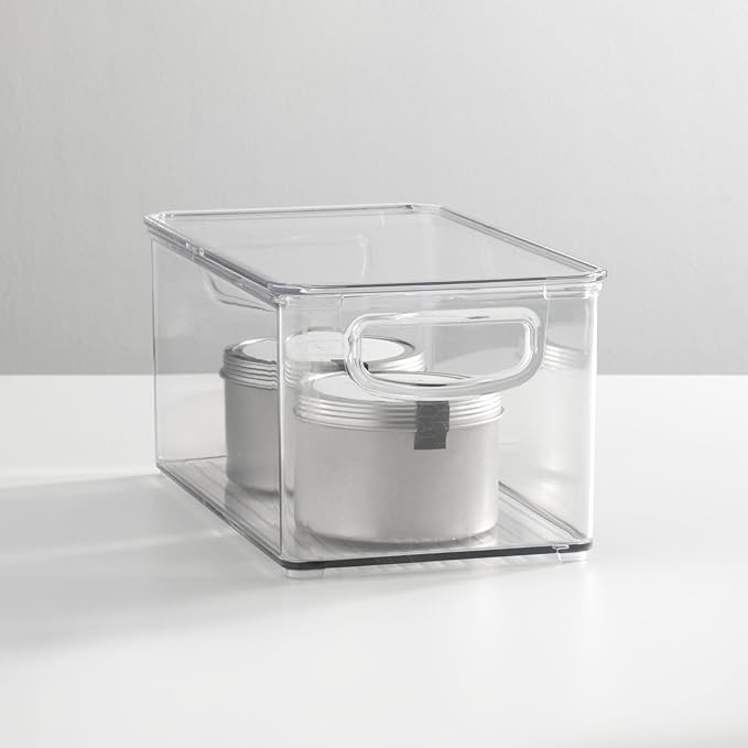 mDesign Plastic Deep Storage Bin Box Container with Lid and Built-In Handles - Organization for Fruit, Snacks, or Food in Kitchen Pantry, Cabinet, or Cupboard, Ligne Collection, 4 Pack, Clear
