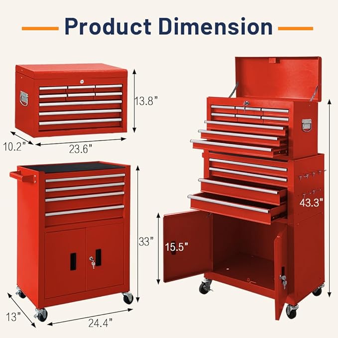 13-Drawer Double Door Rolling Tool Chest, 2 in 1 Detachable Tool Chest,Tool Box with Drawers and Wheels, Large Tool Cabinet with Lock, Metal Standing Toolbox for Garage Workshop-Red