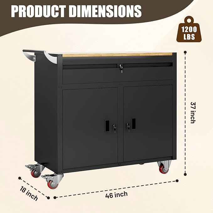 46-inch Rolling Tool Cabinet,Tool Chest Workbench with Wood Top, Casters, Handle, Drawer Liner, Locking System,Tool Storage Workstation with 1200 lb for Warehouse, Factory, Auto Service Bays