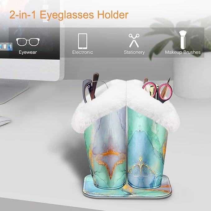 Fintie Plush Lined Double Eyeglasses Holder with Magnetic Base, Glasses Stand Case Organizer for Desk, Nightstand, Office, Emerald Marble